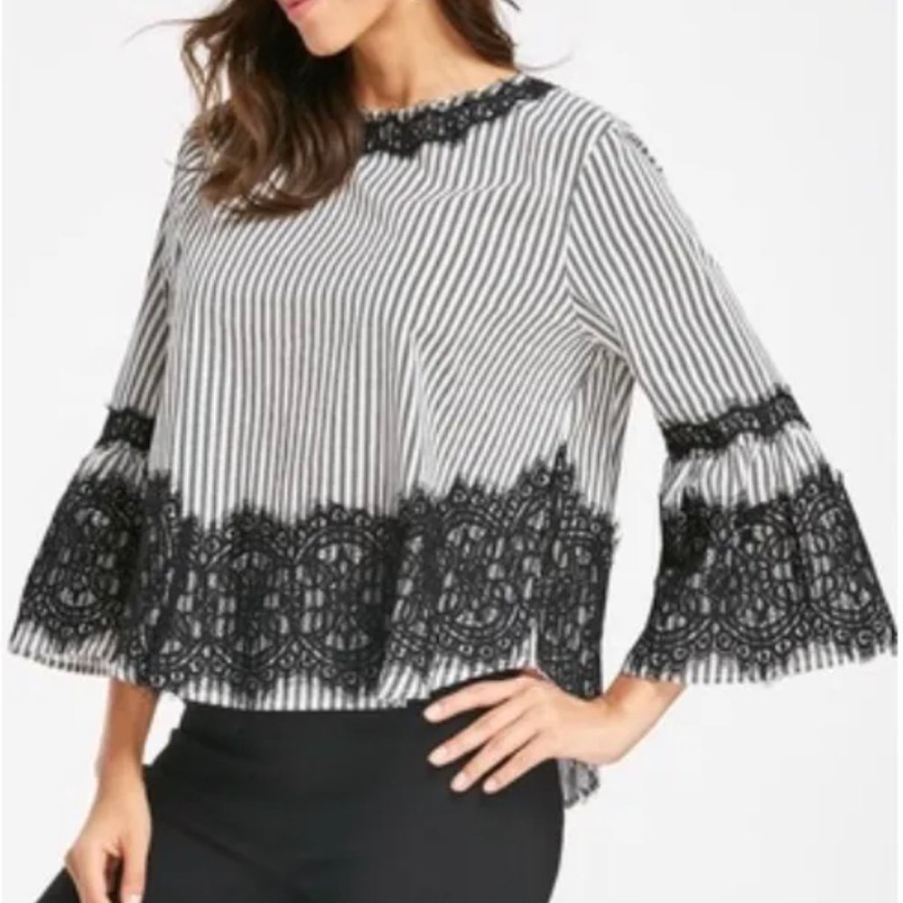 Zara Black and White Striped Blouse with Lace Trim